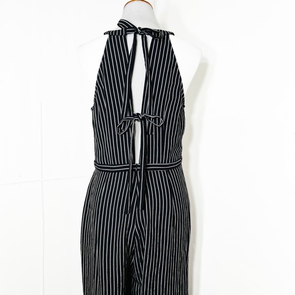 Skies Are Blue Tie Back Black White Striped Pinafore Flare Leg Cropped Jumpsuit - Picture 9 of 16